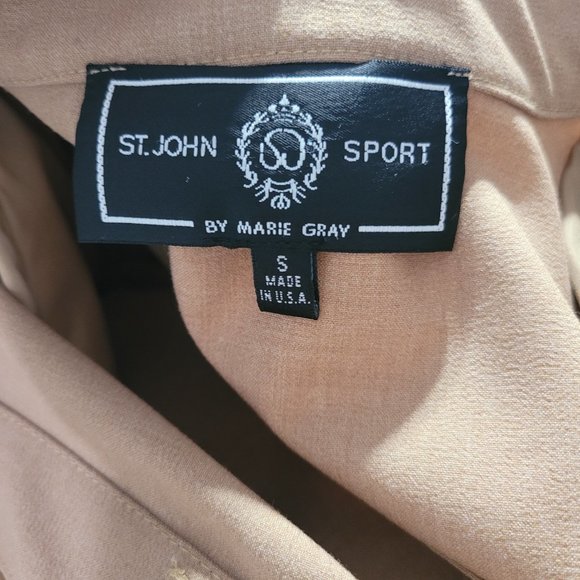 St. John Sport By Marie Gray Tan Gold Buttons Trim Shoulder Pads Blazer Small - Picture 7 of 7